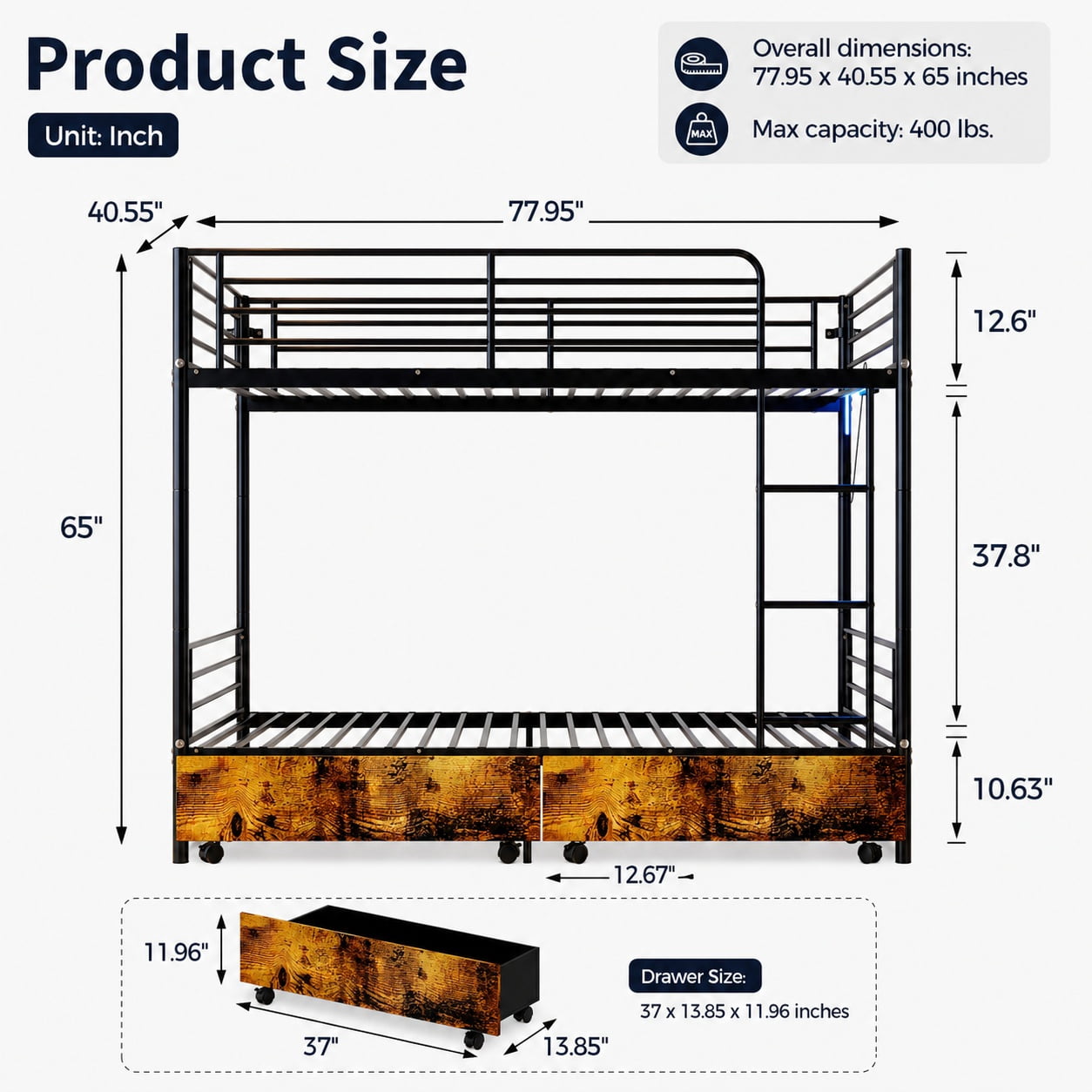 Miniyam Twin Over Twin Metal Bunk Bed with Storage Drawers, Convertible Bunk Bed with Guardrails, Ladder, Black