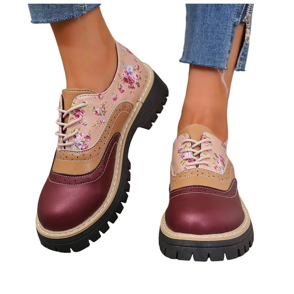 Oxford Shoes for Women Round Toe Vintage Floral Print Trendy Splice Leather Lug Sole Low Heel Lace up Dress Shoes Wine Size 9