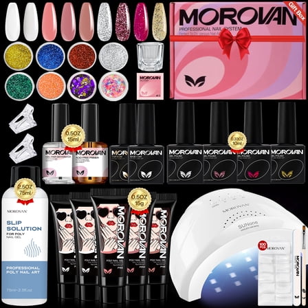 Morovan Complete Poly Gel Nail Kit with Glitter Anti-Slip Solution, Nail Lamp, Nail Prep Dehydrator and Base Coat Nail Extension Gel for Nail Art Supplies Set with Everything,Christmas, Halloween
