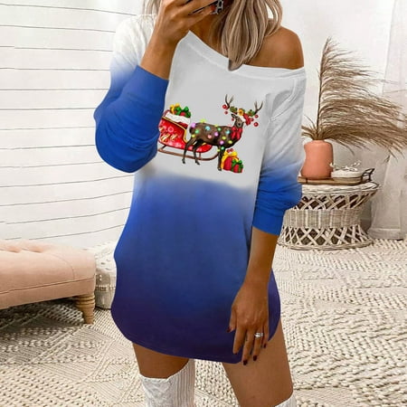 

Aueoeo Cocktail Dresses Winter Dresses for Women 2022 Work Womens Classic Christmas Print Long Sleeves Crewneck Gradient Mini Thin Fall Dress