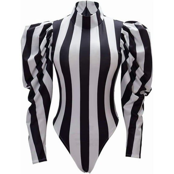 Women's Black White Striped Bold Striped Sexy Bodysuit Jumpsuit - Statement Black & White Bodysuit for Themed Events