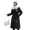 thumbnail image 2 of Chaqueta de plumón y algodón para mujer, corte ajustado, cuello de piel grande, estilo mediano a largo, chaqueta de algodón por encima de la rodilla, abrigo grueso, 2 of 5