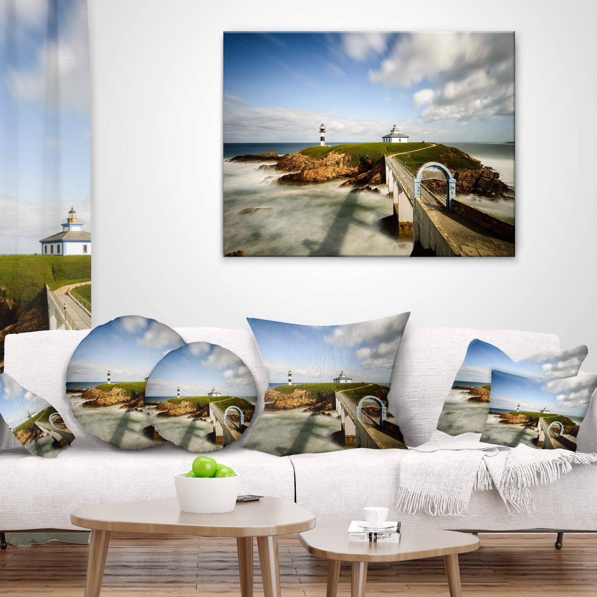 Designart Cloudy Illa Pancha Lighthouse - Seashore Photo Throw Pillow - 16x16
