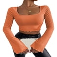 thumbnail image 1 of Women Solid Color Ribbed Square Neck Lettuce Hem Show Navel T-Shirts Spring Autumn Flare Long Sleeve Slim Crop Tops Black M, 1 of 6
