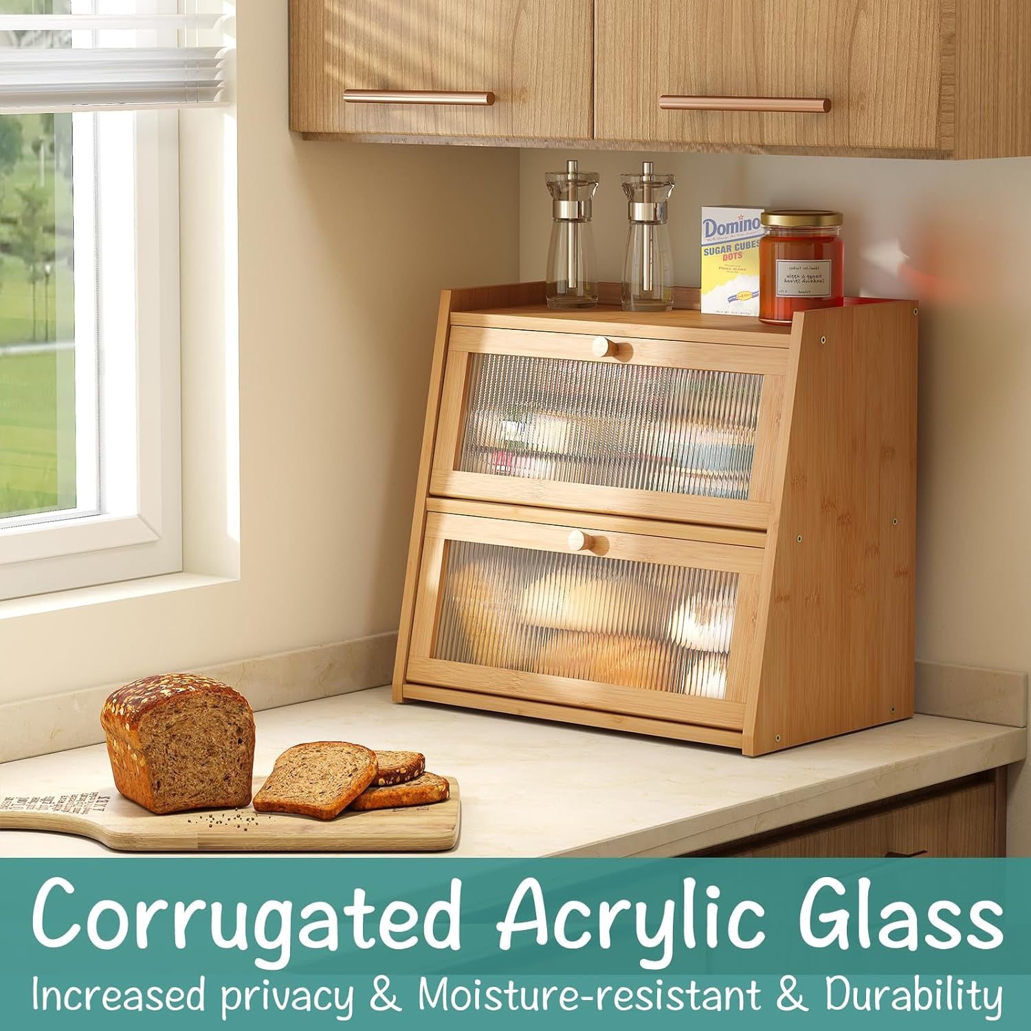 Bread Box for Kitchen Counter, Double Layer Large Bamboo Wood Bread Box, Bamboo Bread Storage Container with Wavy Acrylic Transparent Door
