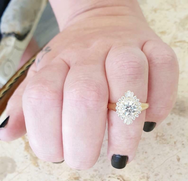 HeartsAndYou 4ct Round Cut Moissanite Ballerina Halo Engagement Ring for Women Women 18k Yellow Gold over Silver