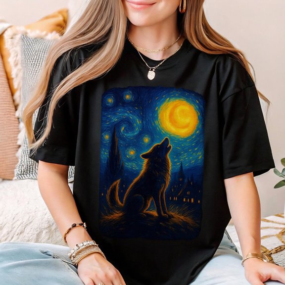 TOKAIPlus Wolf Howling at Moon T-Shirt – Starry Night Graphic Tee – Van Gogh Art Style Nature Shirt for Wolf Lovers and Star Gazers