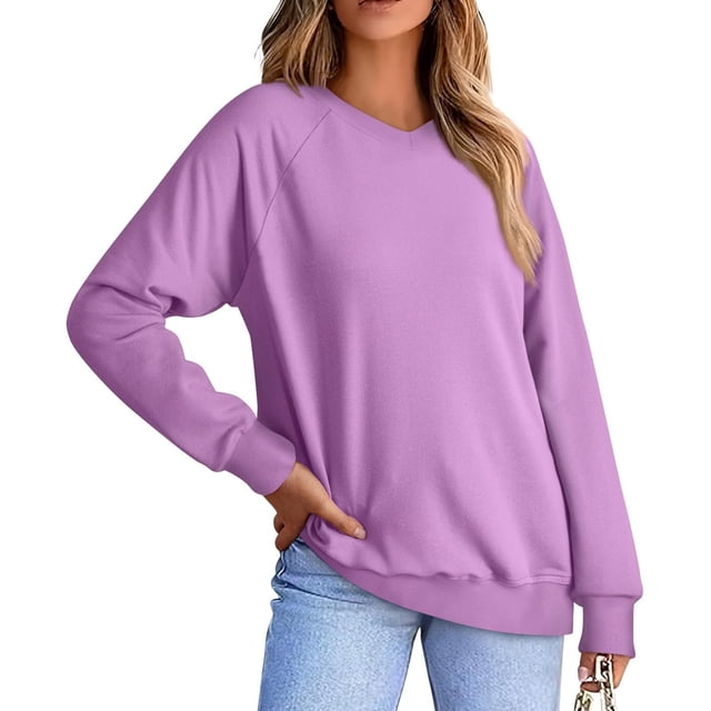 Plebaso Chandails en Molleton Décontractés à Manches Longues Col en V pour Femmes Pull Confortable Couleur Unie