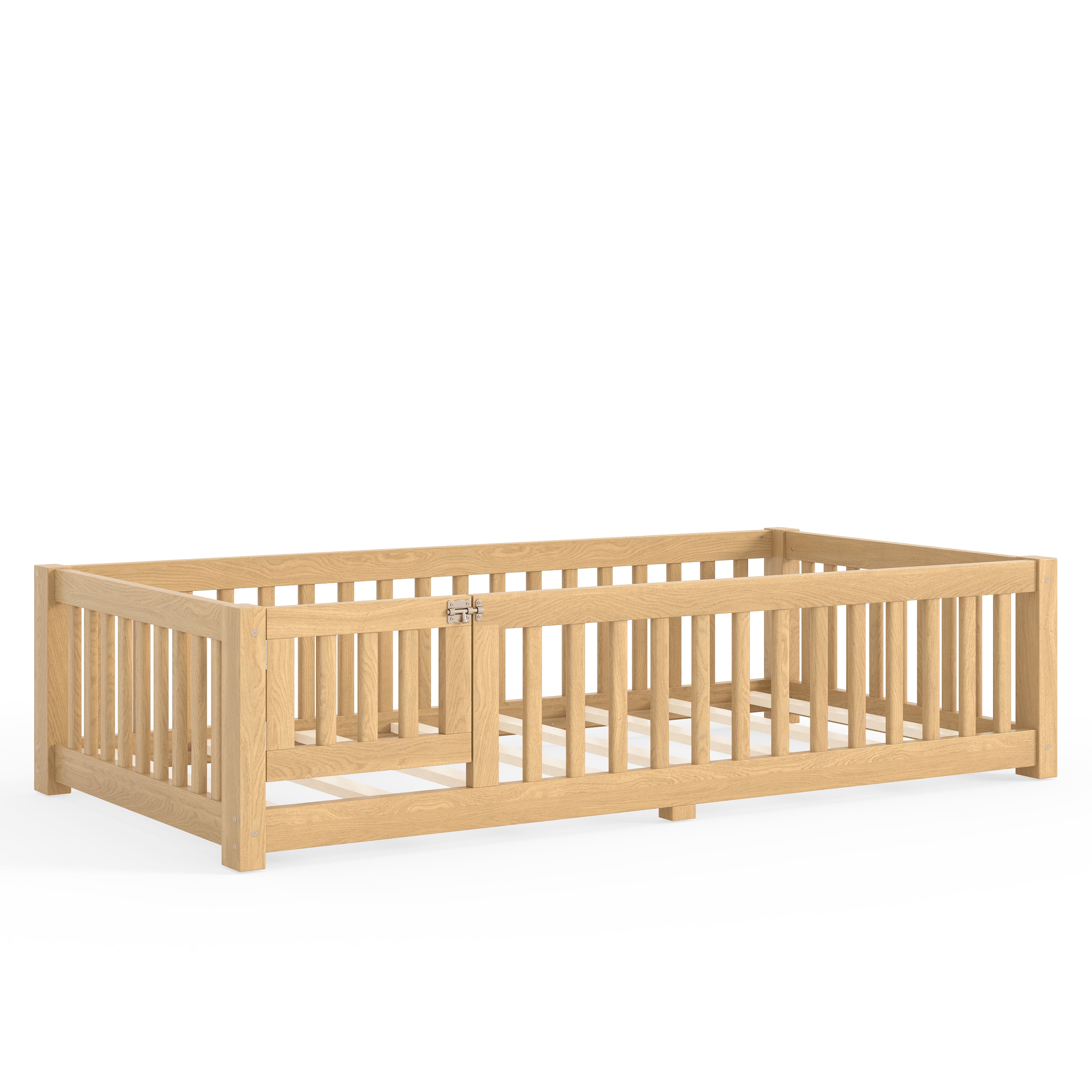 Twin Floor Bed 77.5 Inch, Solid Wood Bed Frame with Safety Guardrails and Door, Low Profile Montessori Bed for Kids Bedroom, Natural