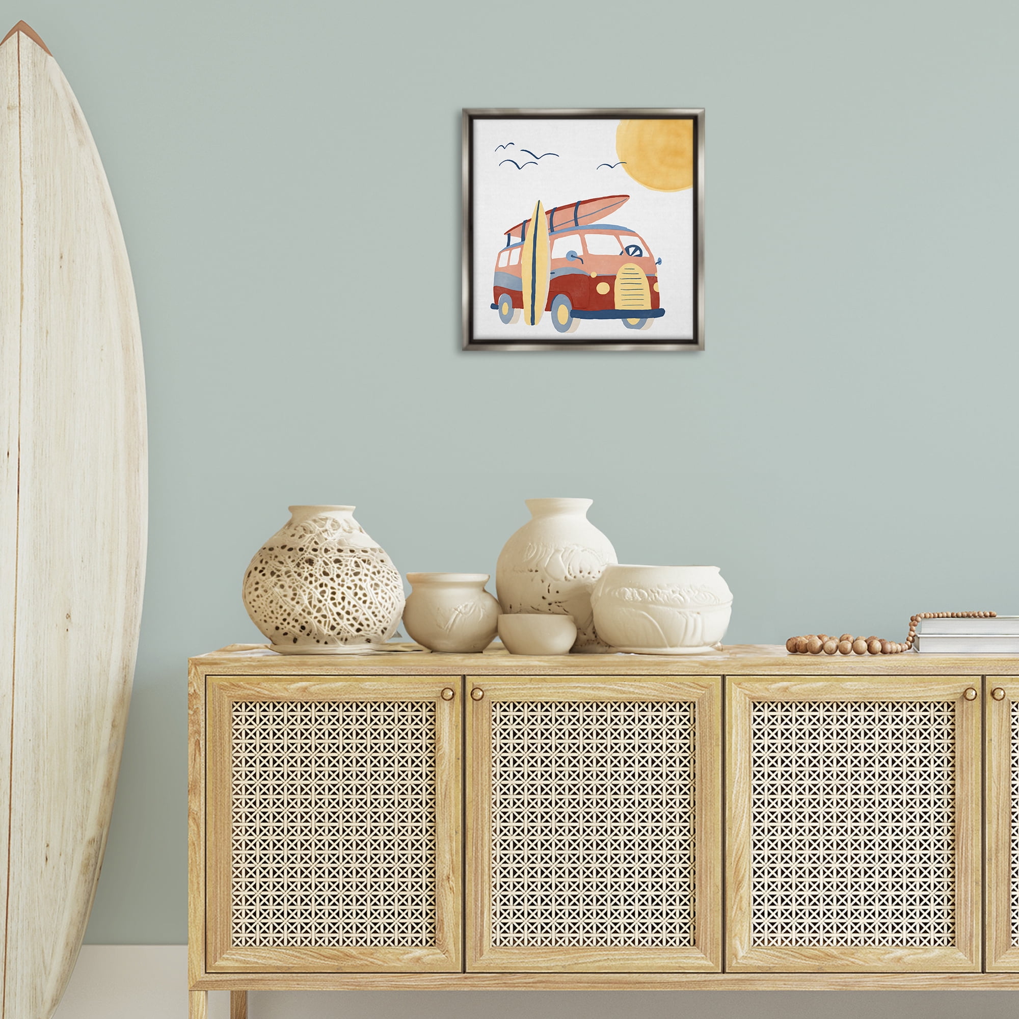 Stupell Industries Summer Surf Bus Transportation Painting Gray Floater Framed Canvas Art Print Wall Art, 18 x 18