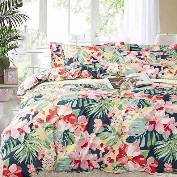 HANRU Floral Duvet Cover Set 100% Cotton Green Striped and Beige Bedding White Flower Branches Print 600 TC Soft Reversible Zipper Bed Cover & 2 Pillowcases,King/California King