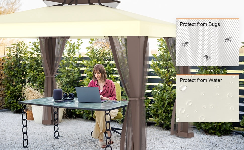 10'x10' Gazebo Outdoor Canopy Tent with Curtains and Shelter for Patio,Beige