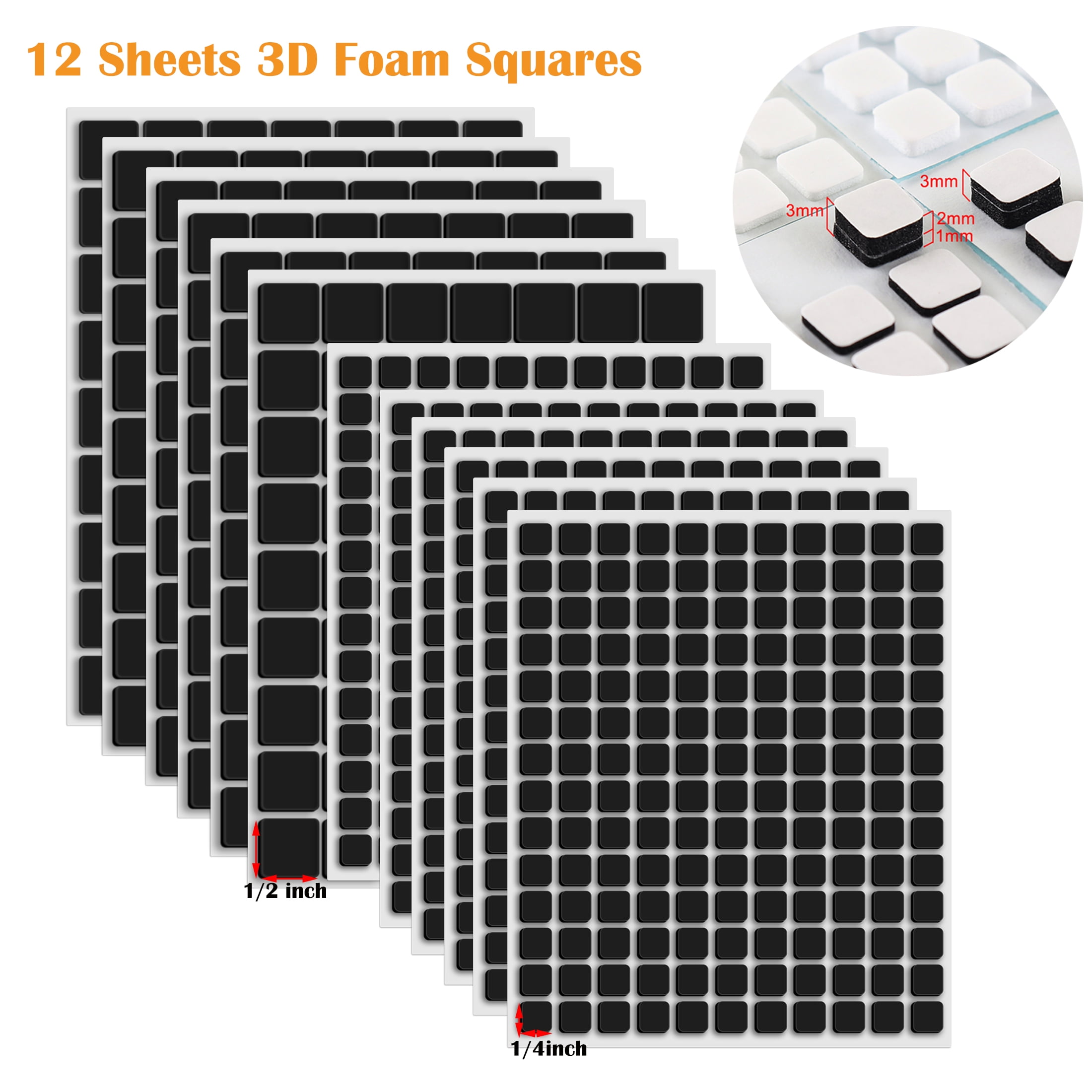 Briartw 12 Sheets/1032 Pieces Black 3D Foam SquaresDoubleSided