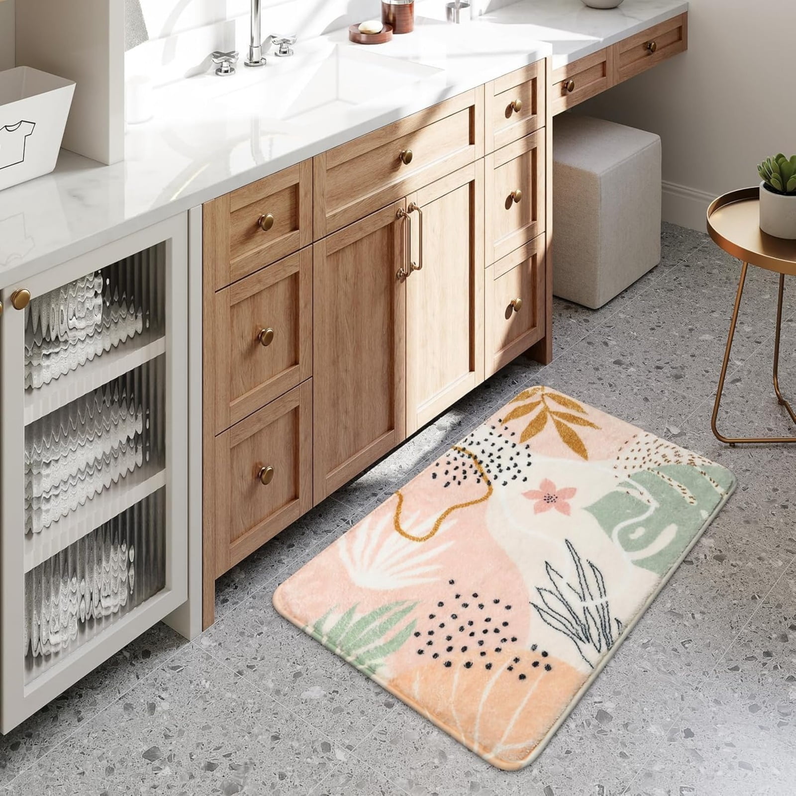 Bathroom Runner Rug Modern Abstract Long Bath Mat Non-Slip Cute Green Plant Bath Rug Soft Velvet Machine Washable Floor Mats for Bathroom Tub Shower