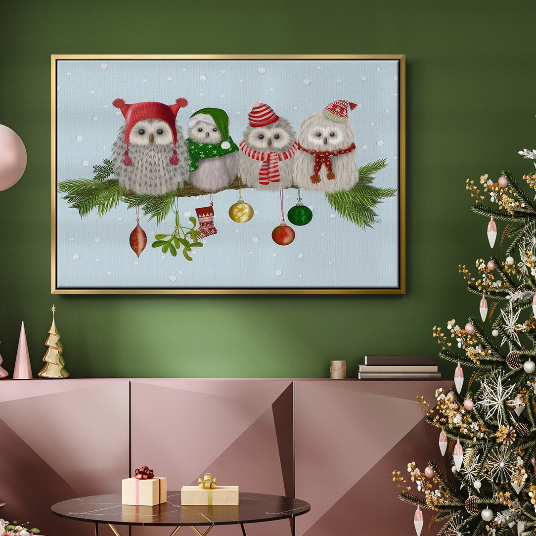 Christmas Fluffy Christmas Owls on Branch - Framed Gallery Wrapped Holiday Canvas - 27 x 41 - Gold Frame