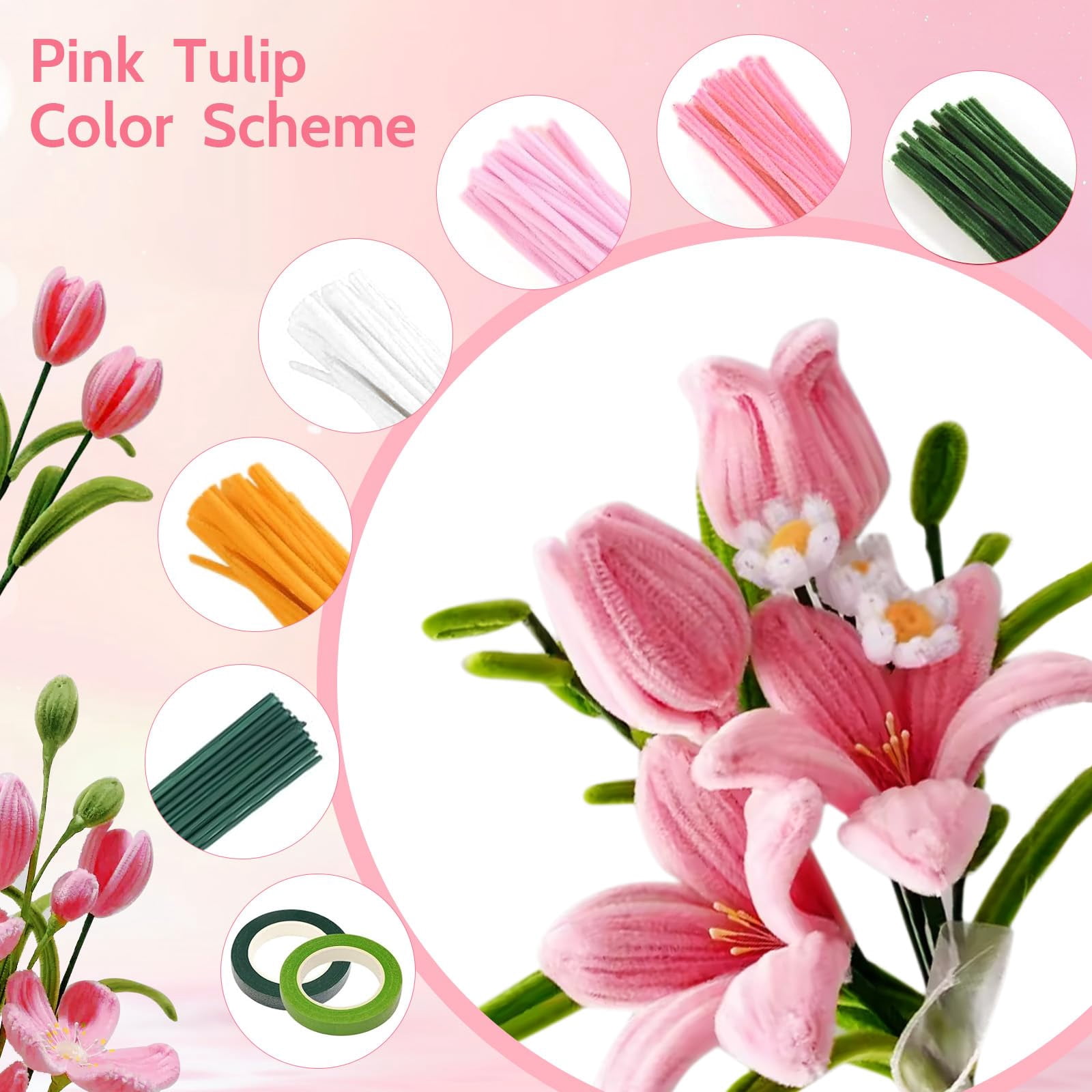 Pipe Cleaners Craft Kit, 1000+ Pcs DIY Tulip Flower Bouquet Making Set with 800 Chenille Stems, Floral Wire and Tape, 13 Colors