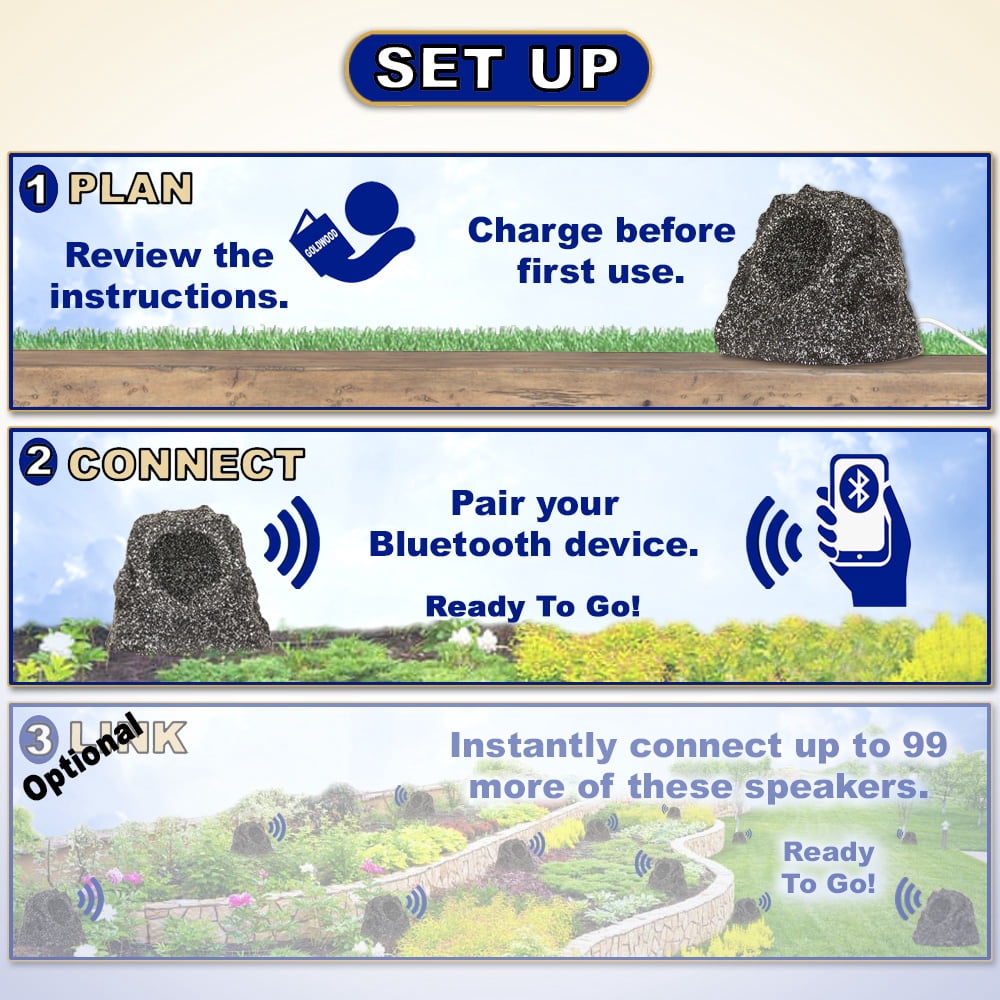 Theater Solutions B41GG Fully Wireless 60 Watt Rechargeable Battery Bluetooth Rock Speaker Granite Link Up To 99 Speakers Wirelessly