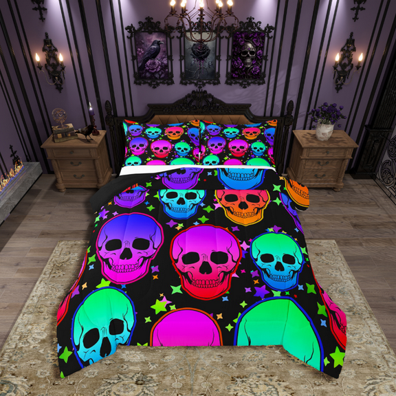 Castle Fairy Gothic Skull 2pcs Bedding Comforter Set for Teens,Stars Print Twin Comforter Sets,Happy Halloween Breathable Bedding Set,Luxury Bedroom Decor