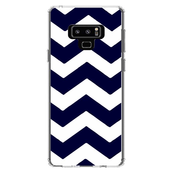 DistinctInk Clear Shockproof Hybrid Case for Samsung Galaxy Note 9 - TPU Bumper, Acrylic Back, Tempered Glass Screen Protector - Navy Blue White Stripes - Stripes Pattern