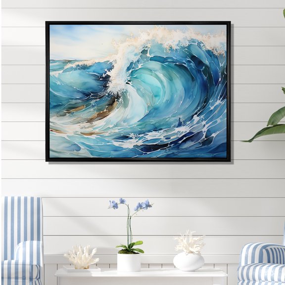 Designart "Ocean Storm With Blue Waves I" Ocean Floater Framed Wall Art Living Room
