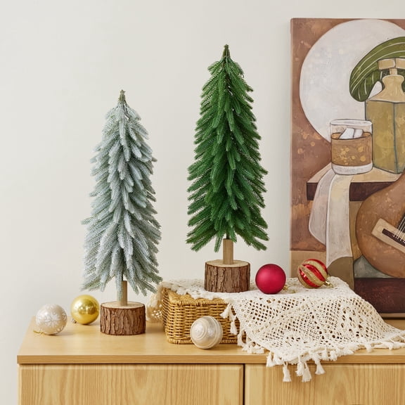 DR.Planzen Mini Pine Tree 2 Pack 19 Inch with Wood Base, Green & Snowy White Tabletop Christmas Tree, Small PE Artificial Christmas Trees for Christmas Decorations Mantel Shelf Office