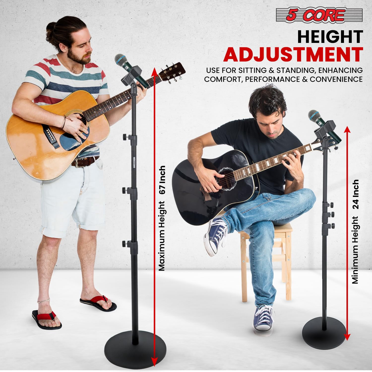5 Core Mic Stand Pair Adjustable 67" Microphone Stands Floor Standing Design 3 Tier w Detachable Boom Mic Arm Round Base Includes Microfono Clips - MS RBL 3T 2PCS