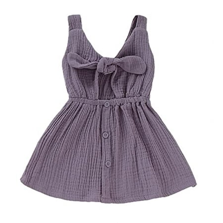 

StylesILove Baby Girls Sleeveless Front Tie Bowknot Gauze Cotton Dress Toddler Girl Solid Sundress Summer Outfit (18-24 Months Purple)