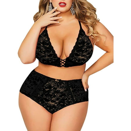

CLEARANCE Sale! Plus Size Lingerie Set for Women Crushed Velvet Mesh Lace Up Halter Bralette & High Waist Panty