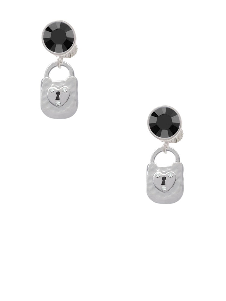 Delight Jewelry Silvertone Hammered Lock with Heart and Clear Crystals Black Crystal Clip on Earrings