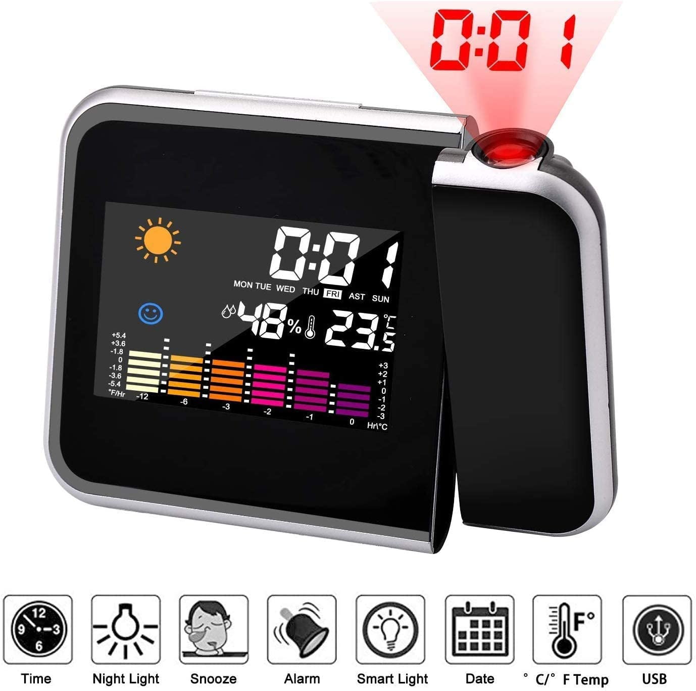 DEL Projection Réveil Numérique Snooze Météo Thermomètre LCD Affichage écran 