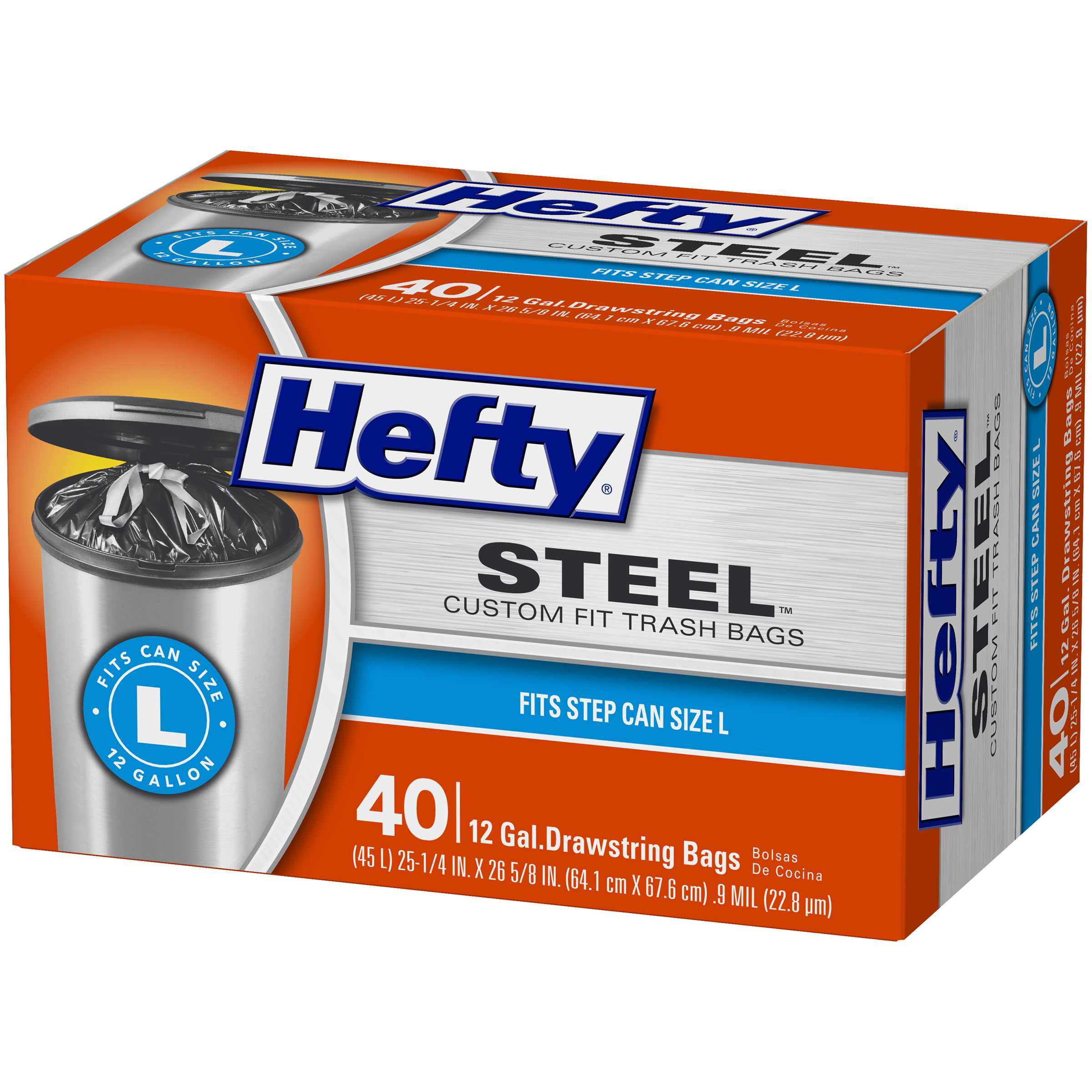 Hefty Steel Custom Fit L Size Drawstring Trash Bags, Black, Unscented, 14.5  Gallon, 50 Count