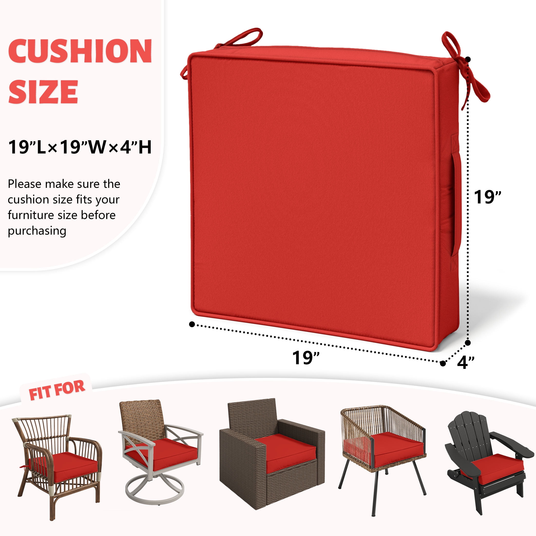 Kimunuk Outdoor Chair Cushions set of 2, 19" x 19" Zipped Waterproof Outdoor Seat Cushions Couch Pads with Ties for Patio Furniture, Red