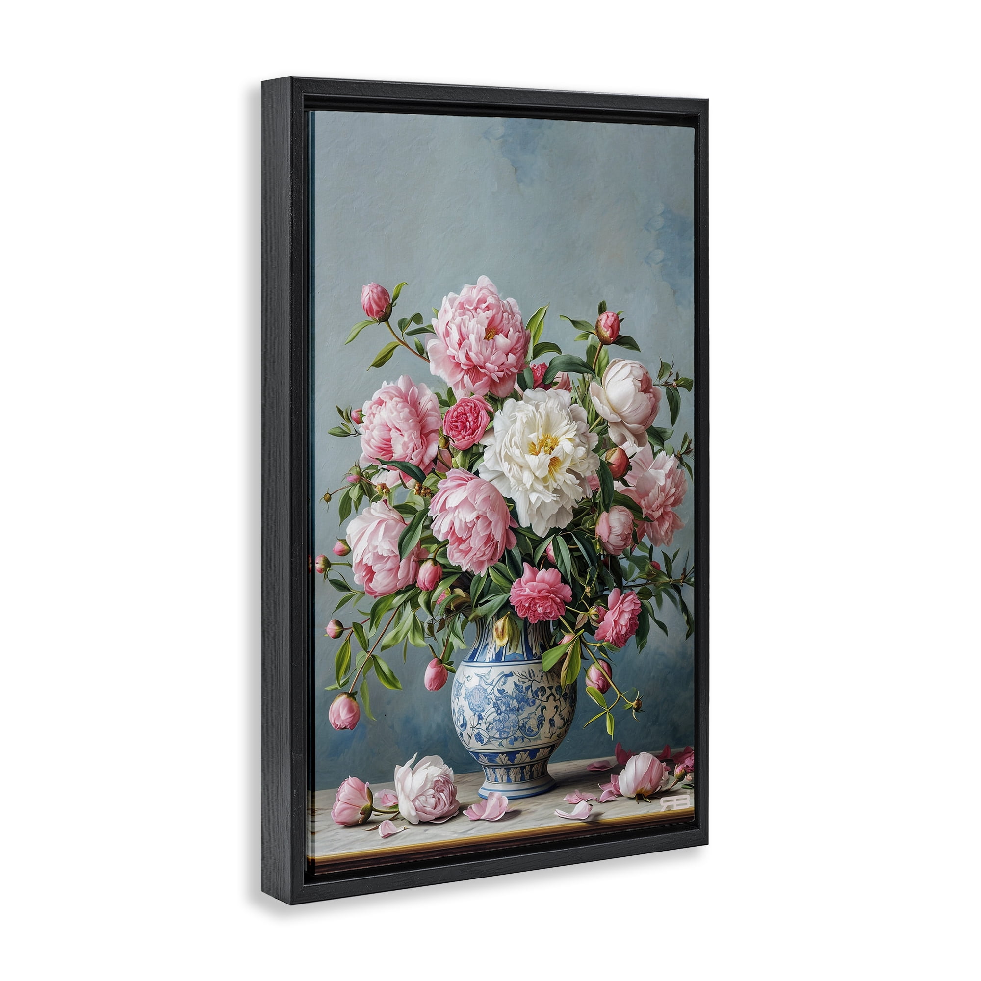 Stupell Industries Full Peonies Vase Botanical & Floral Painting Black Floater Framed Art Print Wall Art, 21 x 31