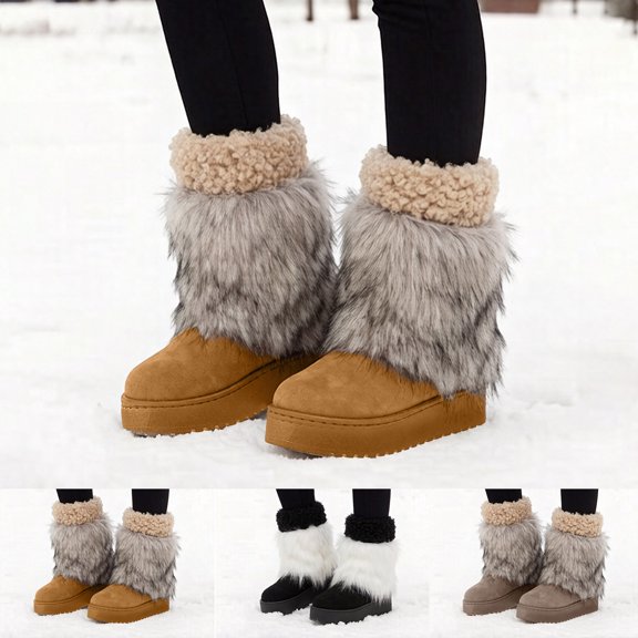 Women's Patchwork Plush Snow Boots Comfortable Wide Toe Box Winter Fleece Lined Warm Slip On Mid Calf Booties