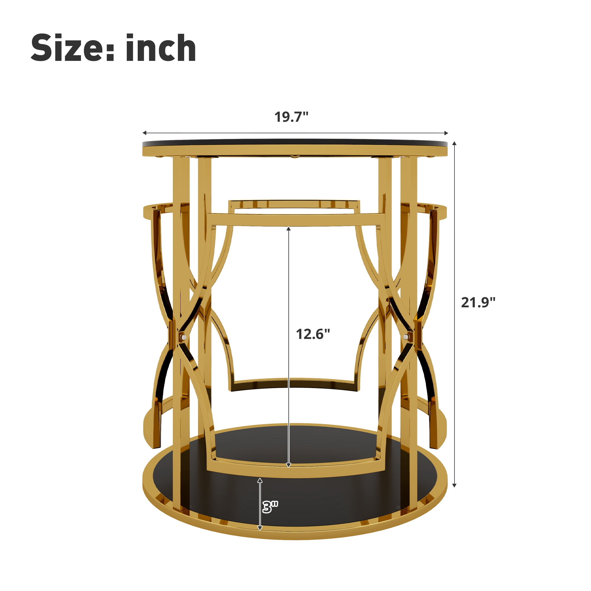19.7" Round Side Table with Tempered Glass Top, 2-Tier Storage Shelf Modern Small End Table with Metal Frame, Sofa Side Accent Table