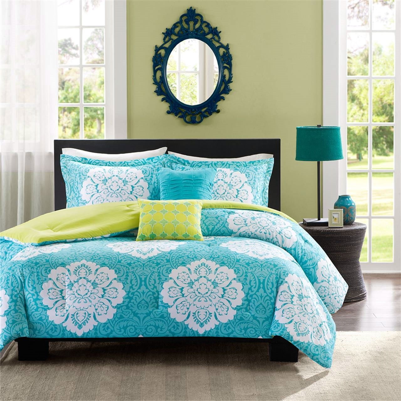 Twin size Teal Blue Damask Comforter Set with Green Accents Walmart