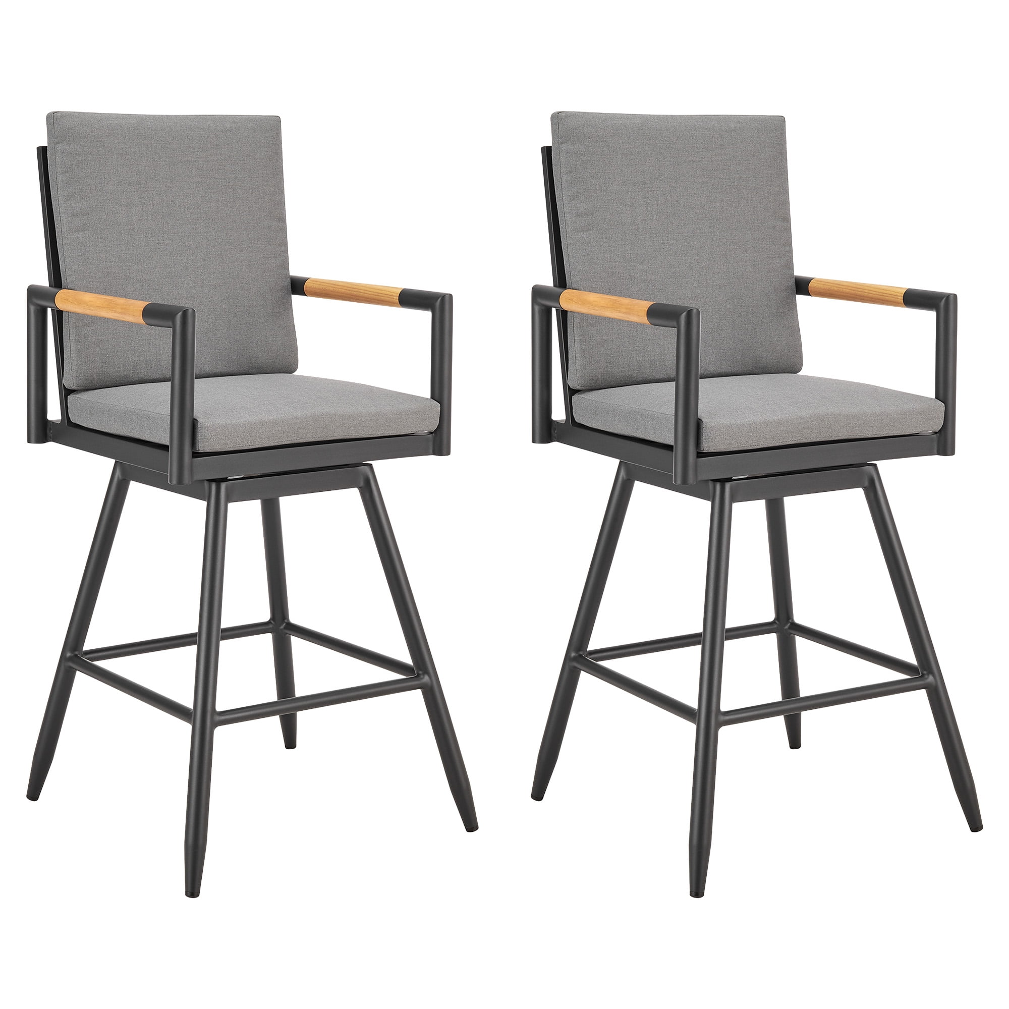 Crown Outdoor Patio Swivel Bar Stool in Black Aluminum with Wood Accent and Dark Gray Cushions - Set of 2