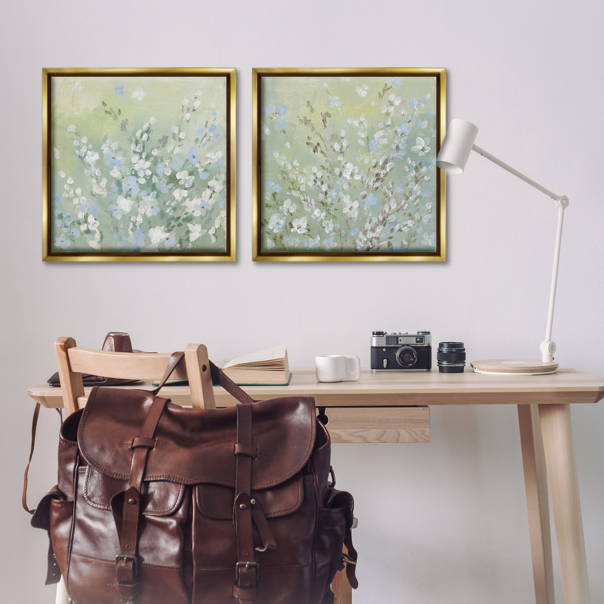 Stupell Industries Wispy Willows Blooms Floral & Botanical Painting Gold Floater Framed Canvas Art Print Wall Art, 25 x 25, Set of 2