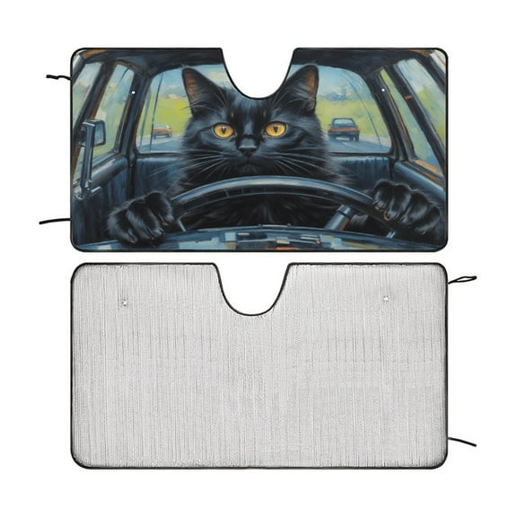 Black Cat Car Windshield Sun Shade Cute Animal Fold-able UV Ray Sun Visor Protector Sunshade to Keep Your Vehicle Cool 55"x30"