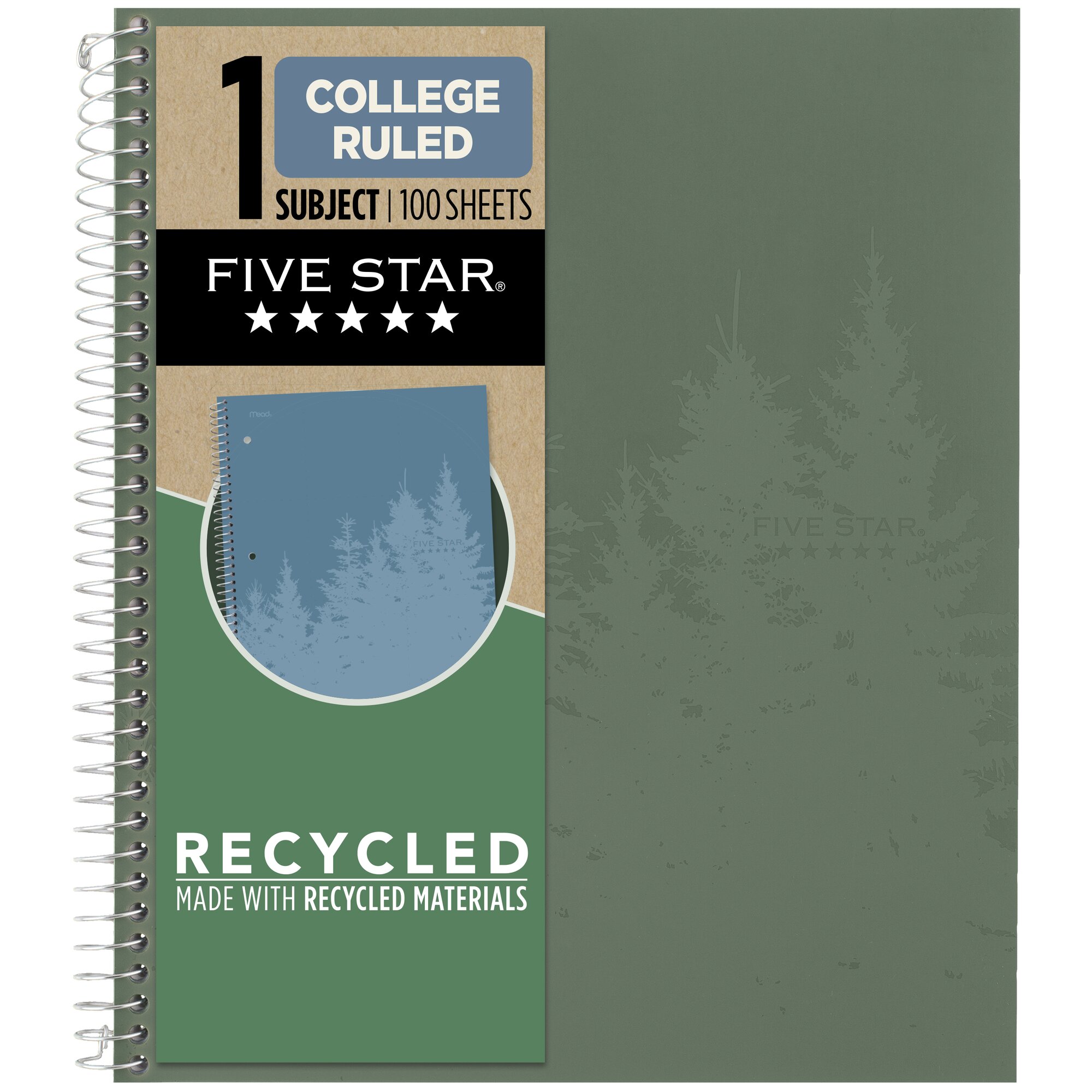 Five Star Recycled Spiral Notebook + Study App, 1 Subject, College Ruled, 8.5" x 11", 4 Pack