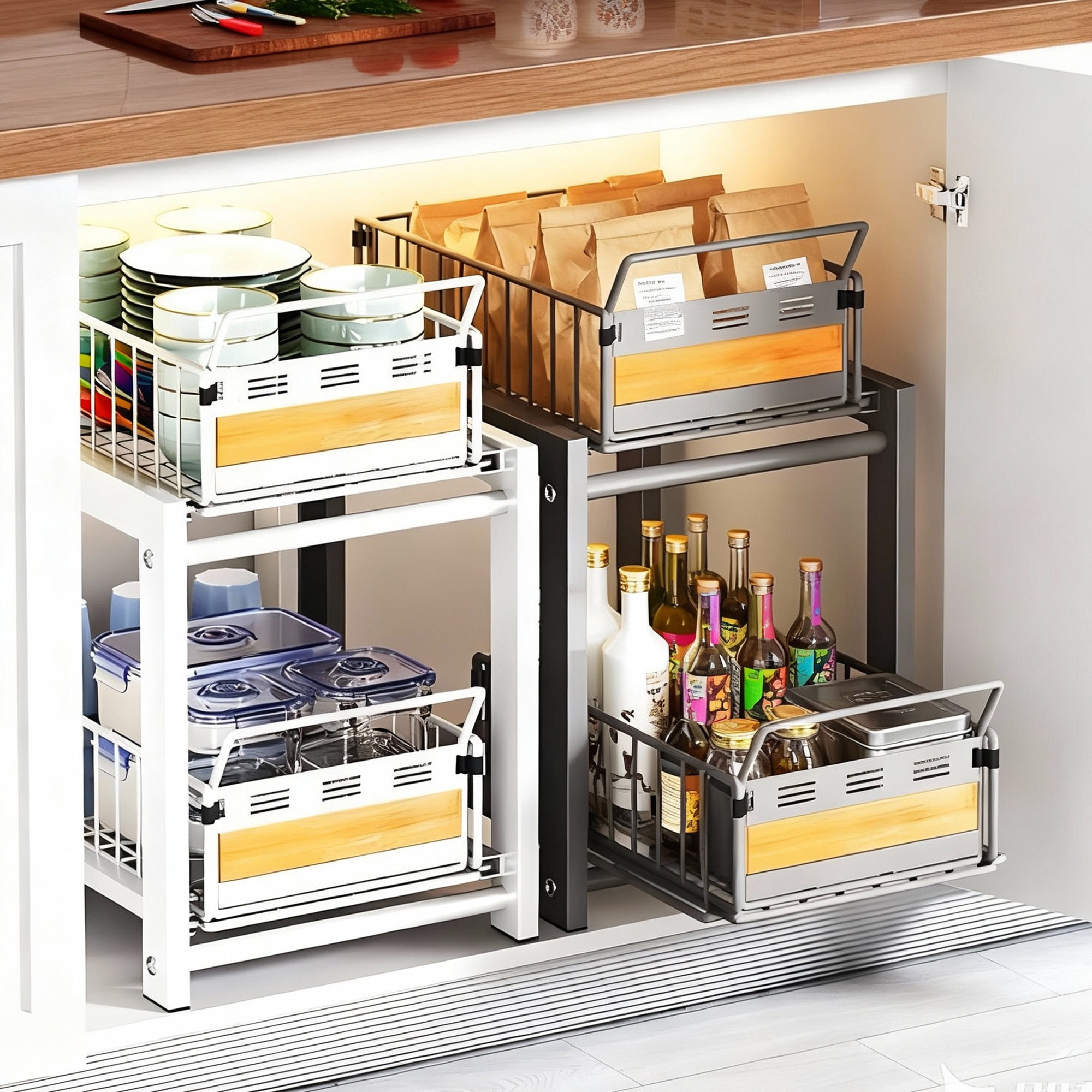 2-Tier Metal Under Sink Storage, Multi-Purpose Pull Out Cabinet Organizer, White Double Sliding Basket Organizer for Kitchen, Bathroom,
