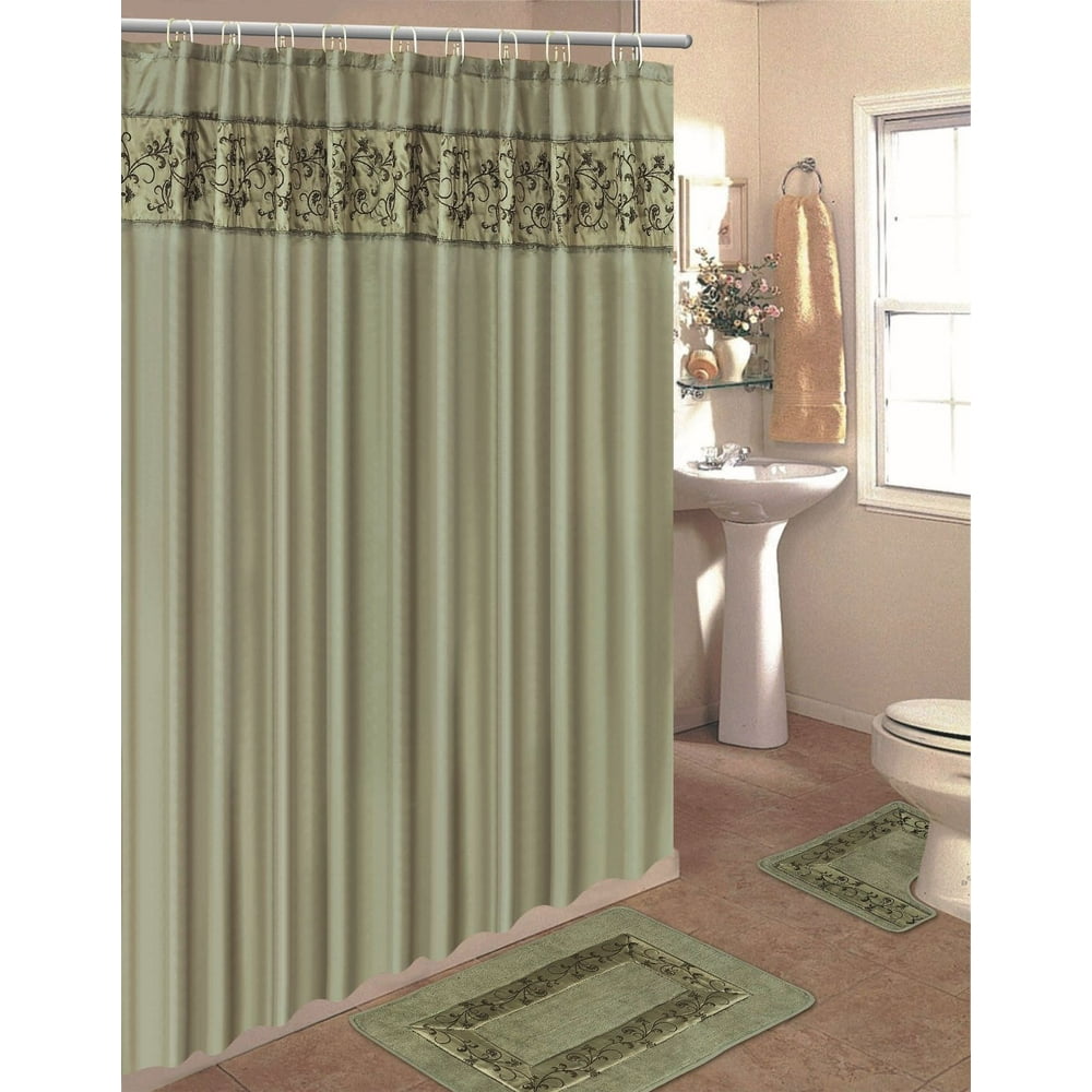 Embroidered 15Piece Bathroom Accessory Set Bath Rugs Shower Curtain