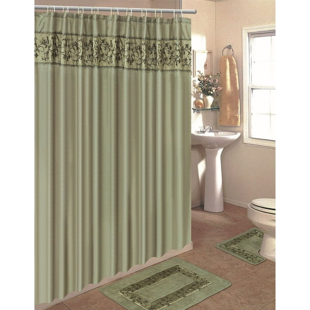 Embroidered 15Piece Bathroom Accessory Set Bath Rugs Shower Curtain