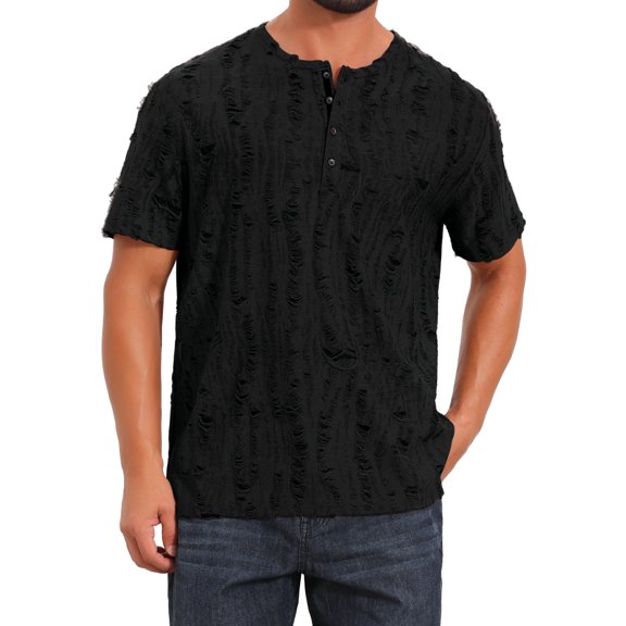 DARING DIVA Men's Ripped Henley Retro Short Sleeve Button Down T-Shirt M Black