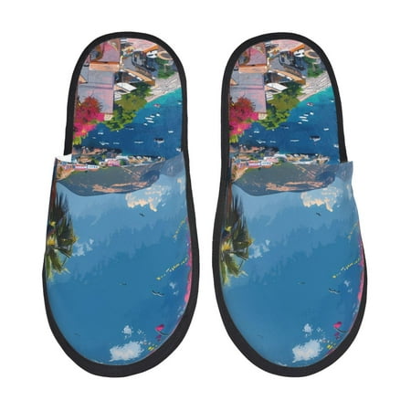 Balery Colorful Mediterranean Village Slient Indoor Furry Fleece Comfort House Shoes Soft Non-Slip Home Shoes Cotton slippers House Slippers-- Large