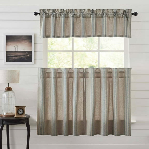 VHC Brands Grain Sack 3 PC Blue-Grey Curtain Set (1 Valance 16x72 and 2 Tier 36x36)