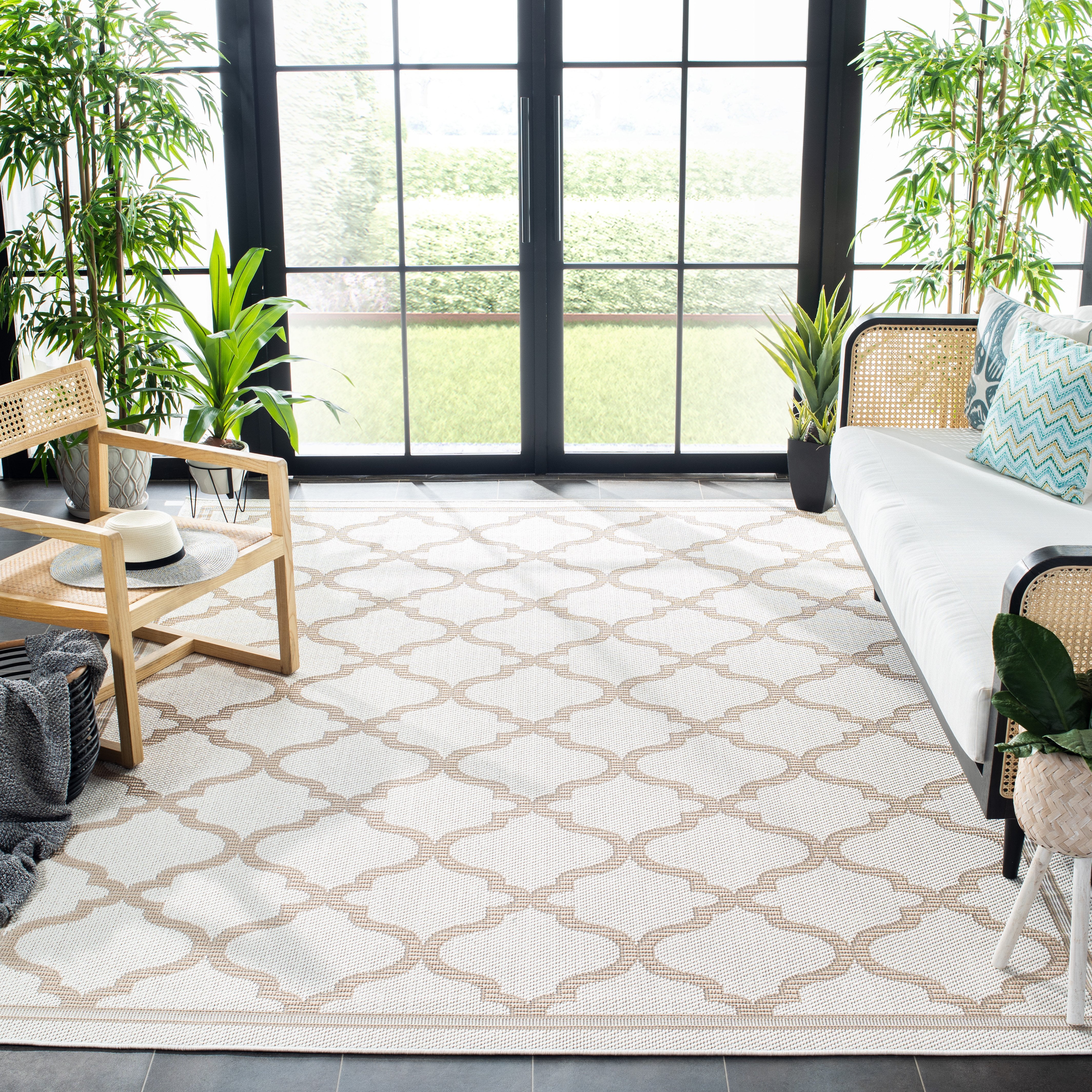 SAFAVIEH Machine Washable Rug Indoor/Outdoor Bermuda Collection - Bermuda Tamaya Geometric Machine Washable Indoor/Outdoor Area Rug, Ivory/Beige, 9' x 12'