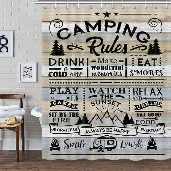 Camp Shower Curtain for Travel Trailer Bathroom, Farmhouse RV Camping Rules Quote Small Narrow Shorter Fabric Shower Curtains Set, Happy Camp Outdoor Decor Accessories with Hooks 60x72in