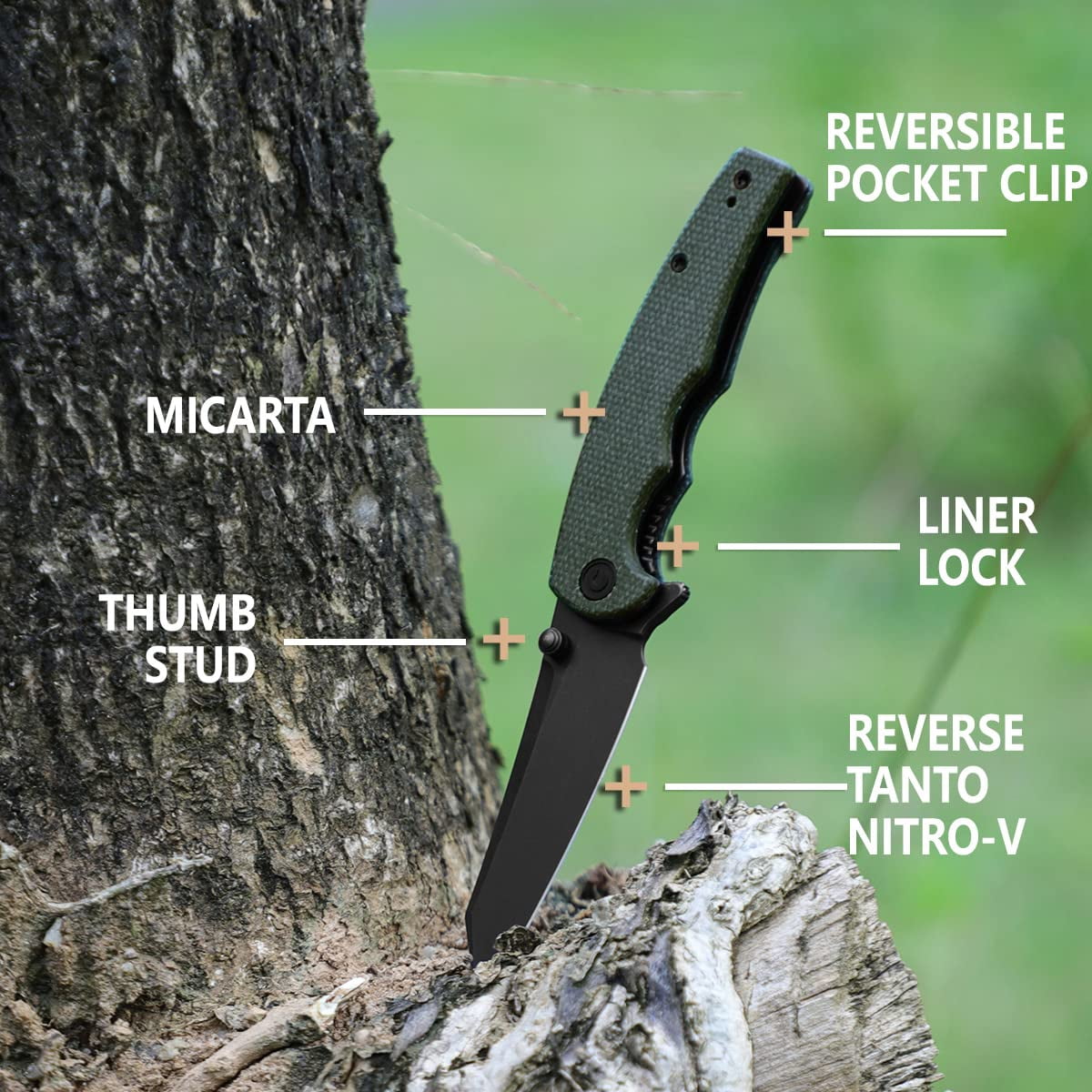 CIVIVI P87 Folder Kaila Cumings 2.9-in Nitro-V Blade Reverse Tanto, Micarta Handle with A Thumb Stud Liner Lock Folding Pocket Knife for Everyday Carry (Green)