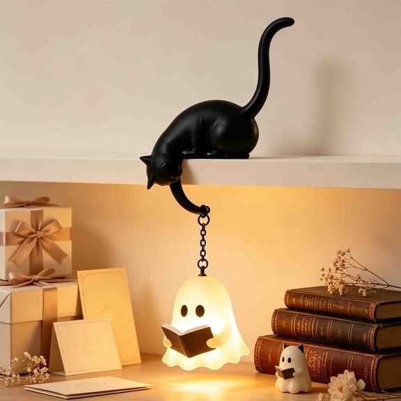 Rirozkan Cat Ghost Hanging LED Night Light, Cute Bookworm Shelf Decor Lamp, Spooky Glowing Accent for Bedroom, Desk, Halloween Indoor Decoration